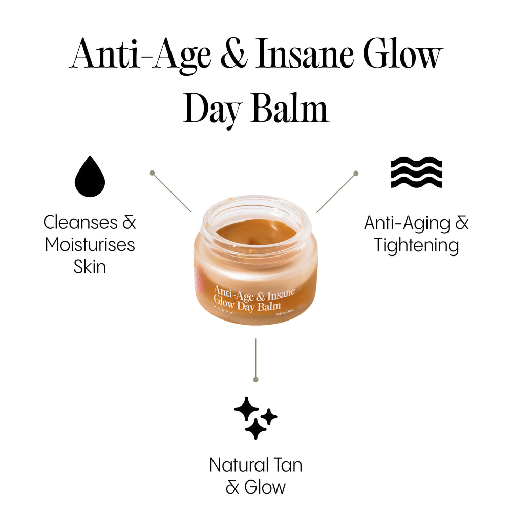 Frøya Organics Anti-Age & Insane Glow Day Balm open jar revealing concentrated organic anti-aging day balm texture