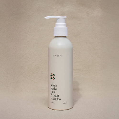 Frøya Organics Magic Revive Hair & Scalp Shampoo in glass jar with lid – reviving shampoo front view