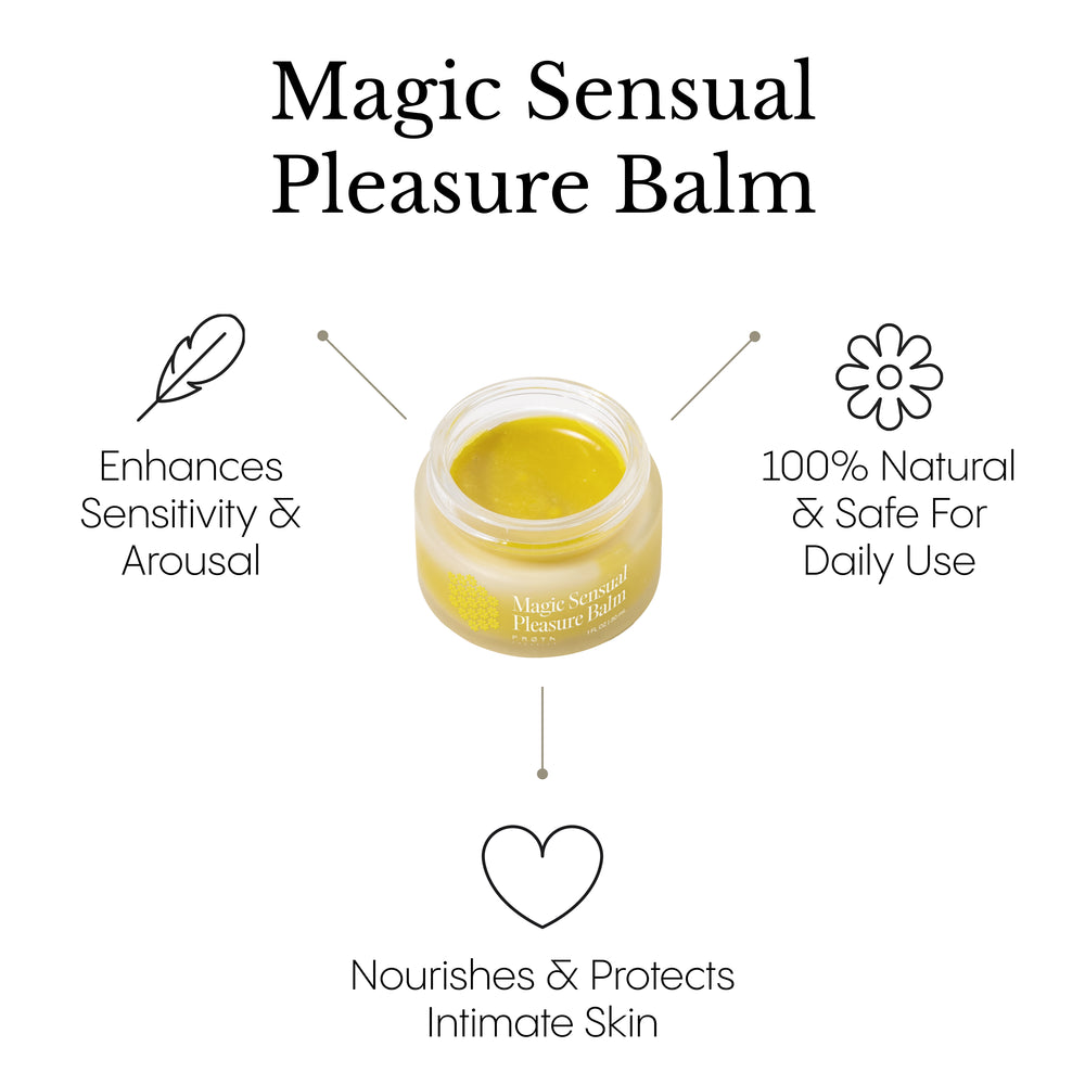 Frøya Organics Magic Sensual Pleasure Balm glass jar close-up showing product label and size