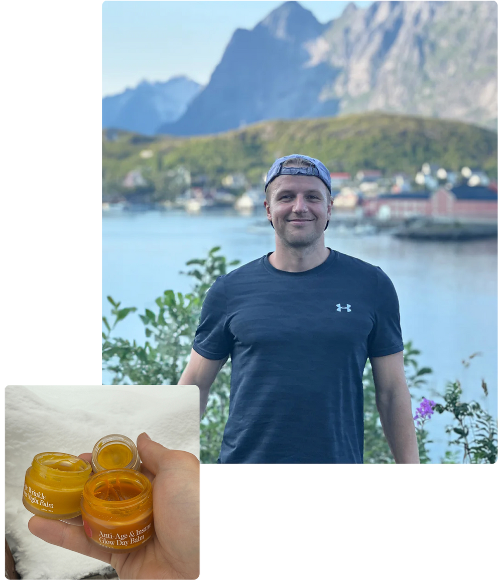 Man smiling in front of a scenic mountain and lake; skincare products in inset image.