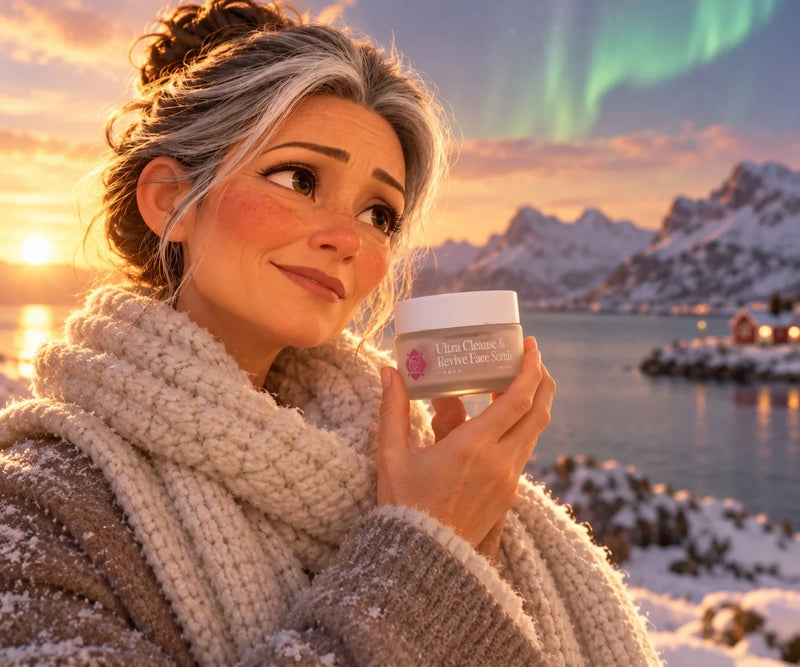 Eine Frau auf einem verschneiten norwegischen Fjord mit einem Frøya-Tiegel in der Hand