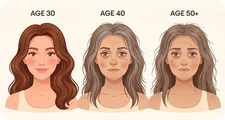 Illustrated progression of visible aging at age 30, 40, and 50 plus